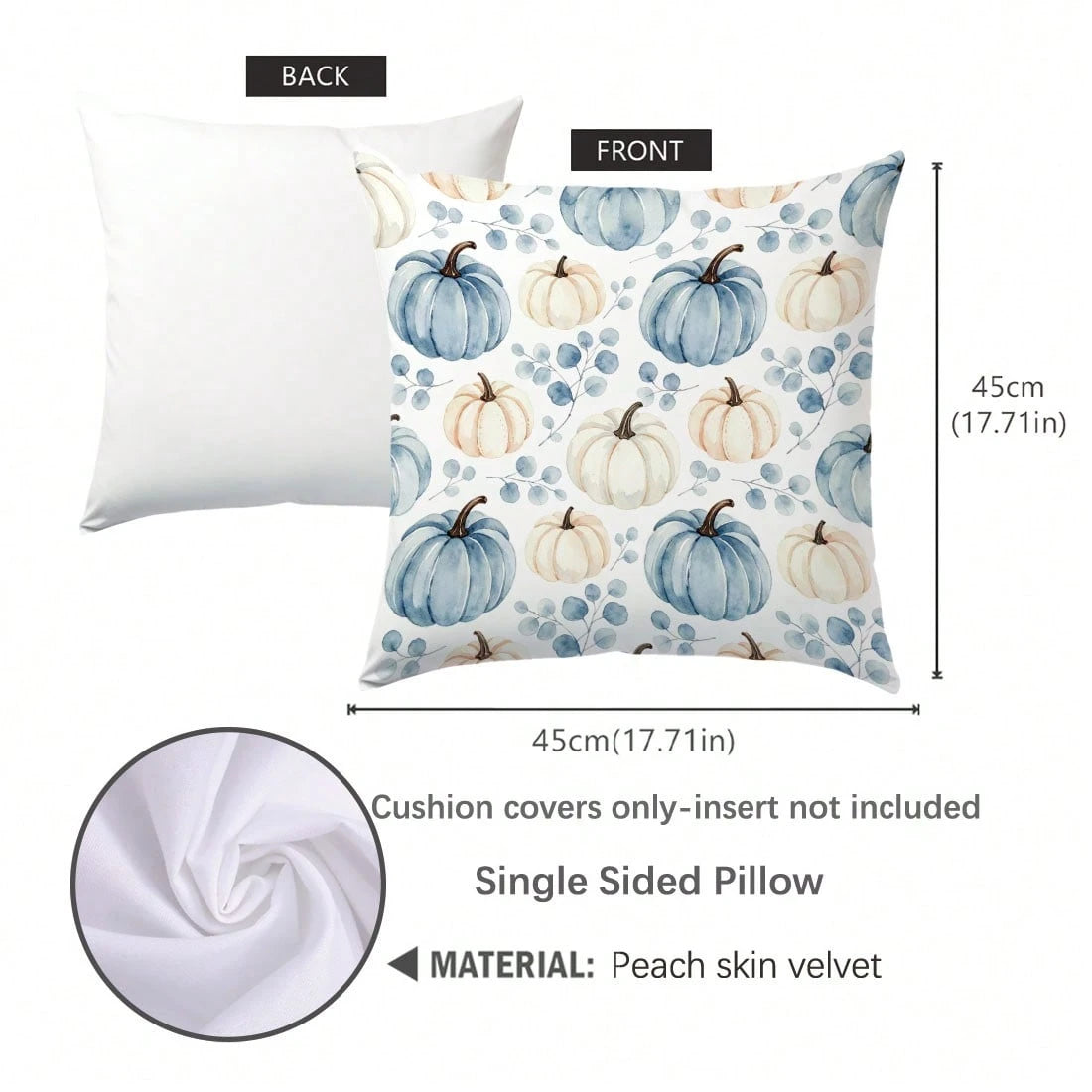 1pc Autumn Blue & White Watercolor Pumpkin & Eucalyptus Leaf Cushion Cover, Single-Sided Printed Skin-Friendly Peach Skin Velvet Material, 45*45CM Pillowcase Suitable For Home Room Bedroom Living Room