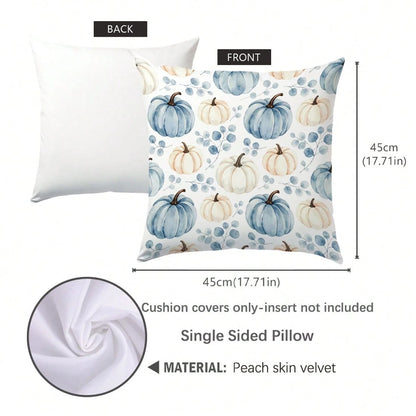 1pc Autumn Blue & White Watercolor Pumpkin & Eucalyptus Leaf Cushion Cover, Single-Sided Printed Skin-Friendly Peach Skin Velvet Material, 45*45CM Pillowcase Suitable For Home Room Bedroom Living Room