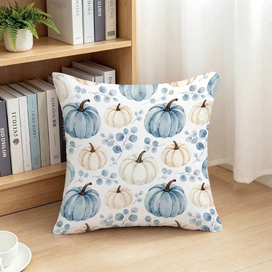 1pc Autumn Blue & White Watercolor Pumpkin & Eucalyptus Leaf Cushion Cover, Single-Sided Printed Skin-Friendly Peach Skin Velvet Material, 45*45CM Pillowcase Suitable For Home Room Bedroom Living Room