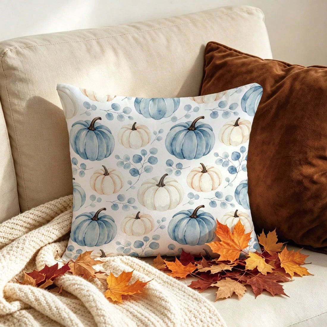 1pc Autumn Blue & White Watercolor Pumpkin & Eucalyptus Leaf Cushion Cover, Single-Sided Printed Skin-Friendly Peach Skin Velvet Material, 45*45CM Pillowcase Suitable For Home Room Bedroom Living Room