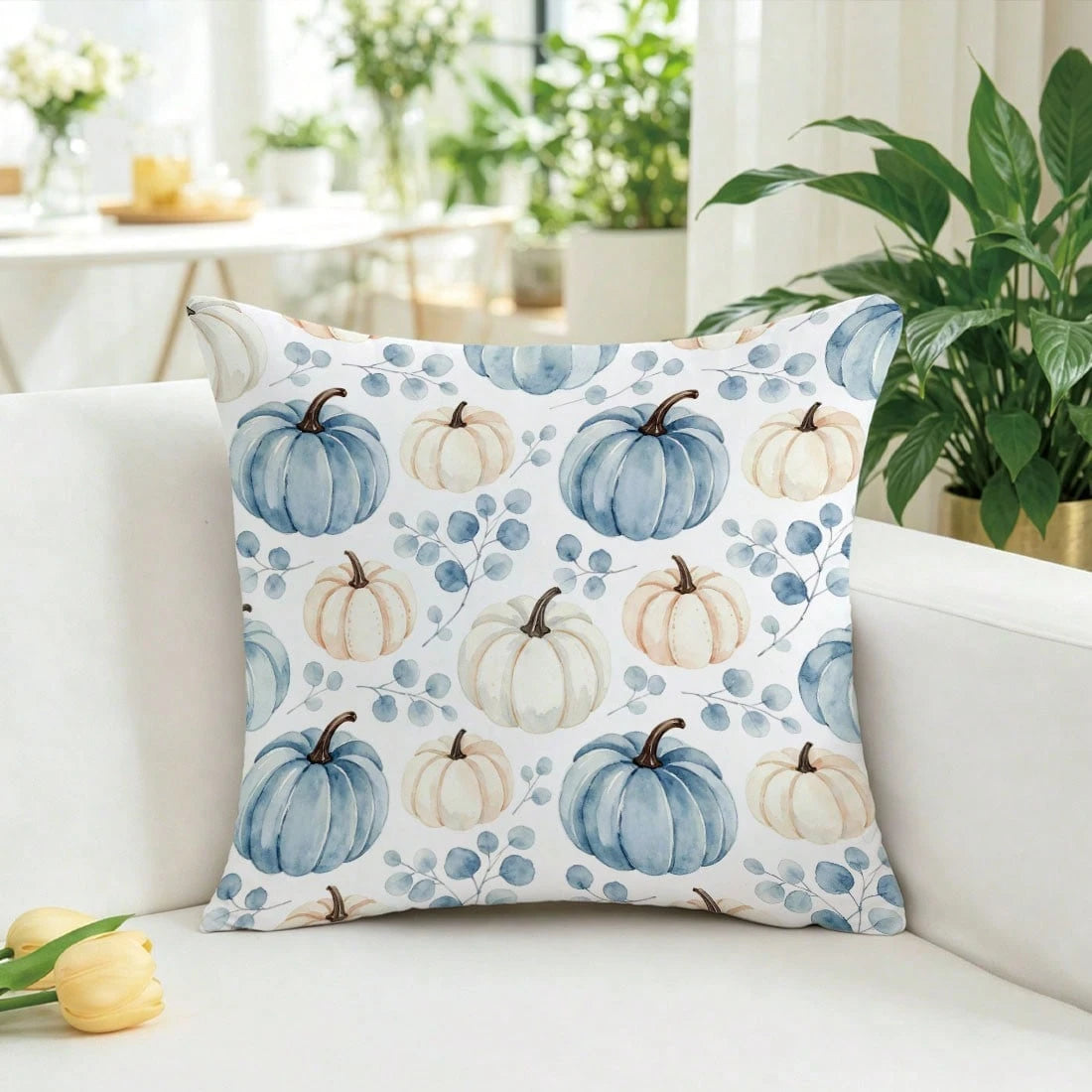 1pc Autumn Blue & White Watercolor Pumpkin & Eucalyptus Leaf Cushion Cover, Single-Sided Printed Skin-Friendly Peach Skin Velvet Material, 45*45CM Pillowcase Suitable For Home Room Bedroom Living Room