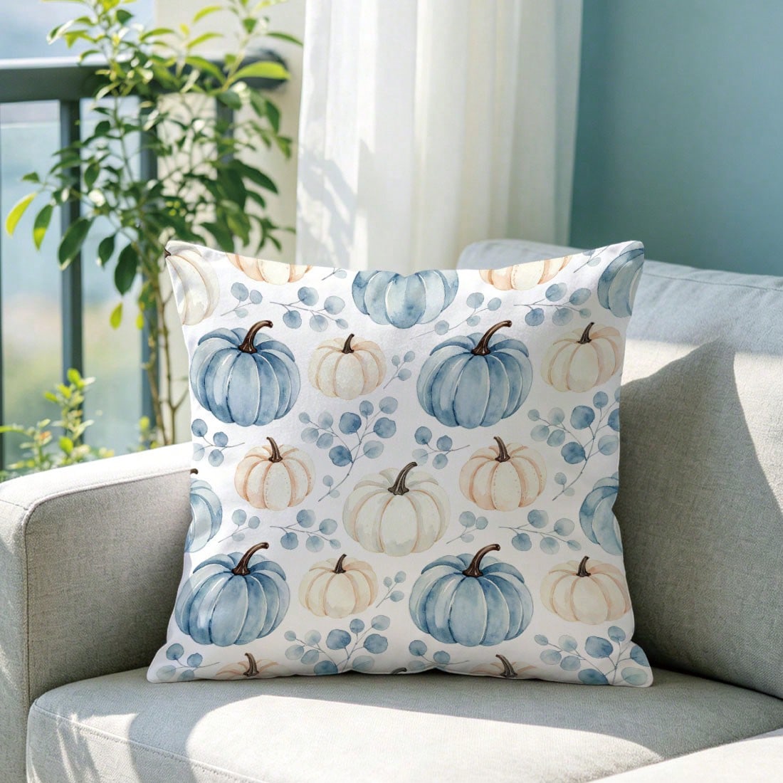 1pc Autumn Blue & White Watercolor Pumpkin & Eucalyptus Leaf Cushion Cover, Single-Sided Printed Skin-Friendly Peach Skin Velvet Material, 45*45CM Pillowcase Suitable For Home Room Bedroom Living Room