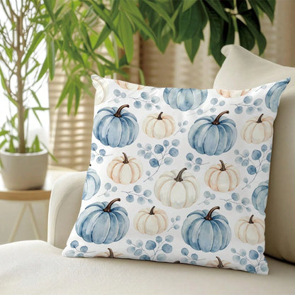 1pc Autumn Blue & White Watercolor Pumpkin & Eucalyptus Leaf Cushion Cover, Single-Sided Printed Skin-Friendly Peach Skin Velvet Material, 45*45CM Pillowcase Suitable For Home Room Bedroom Living Room