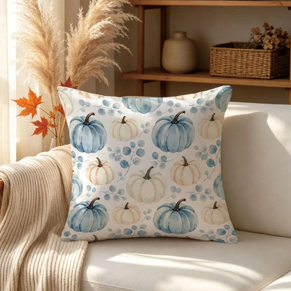 1pc Autumn Blue & White Watercolor Pumpkin & Eucalyptus Leaf Cushion Cover, Single-Sided Printed Skin-Friendly Peach Skin Velvet Material, 45*45CM Pillowcase Suitable For Home Room Bedroom Living Room