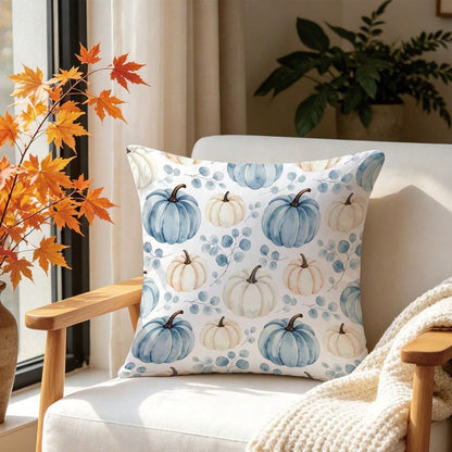 1pc Autumn Blue & White Watercolor Pumpkin & Eucalyptus Leaf Cushion Cover, Single-Sided Printed Skin-Friendly Peach Skin Velvet Material, 45*45CM Pillowcase Suitable For Home Room Bedroom Living Room
