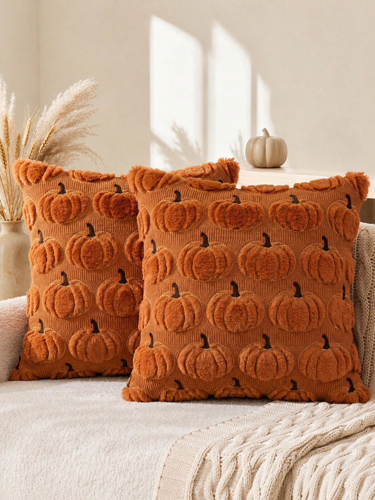 1pc Autumn Pumpkin Pattern Embroidered Decorative Pillowcase, Halloween Soft Plush Faux Wool Pillow Cover For Home Sofa Bedroom Chair