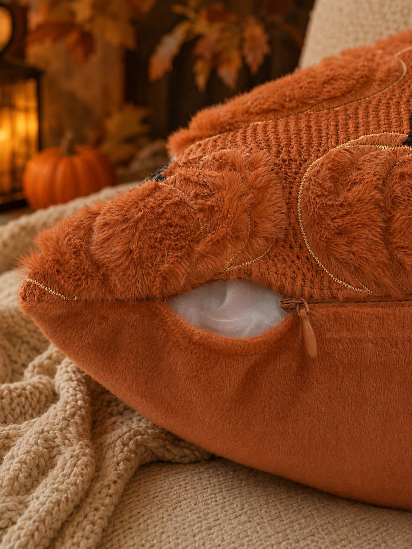 1pc Autumn Pumpkin Pattern Embroidered Decorative Pillowcase, Halloween Soft Plush Faux Wool Pillow Cover For Home Sofa Bedroom Chair