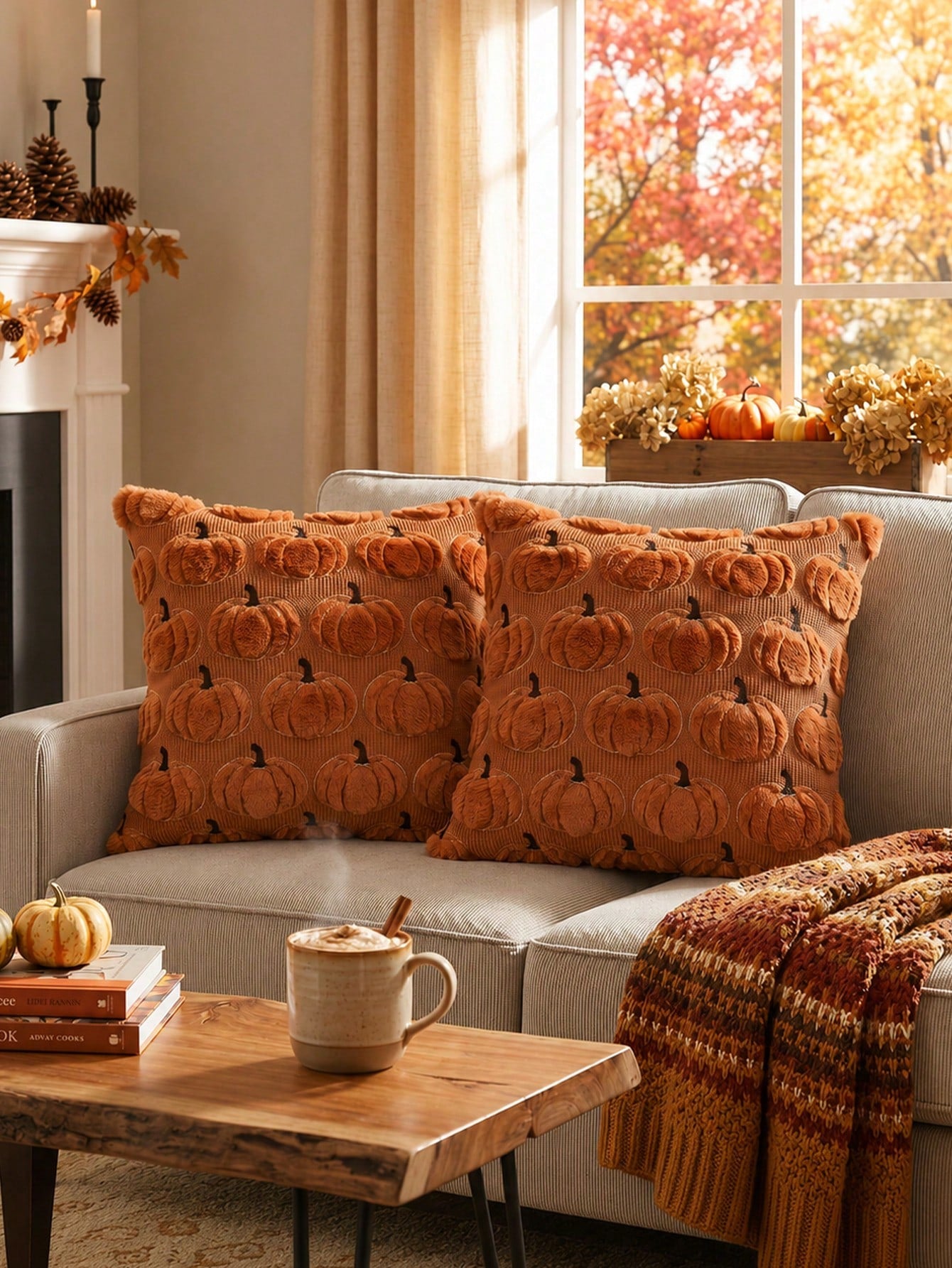 1pc Autumn Pumpkin Pattern Embroidered Decorative Pillowcase, Halloween Soft Plush Faux Wool Pillow Cover For Home Sofa Bedroom Chair