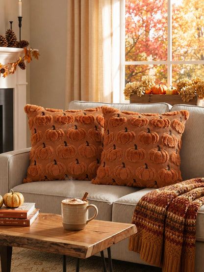 1pc Autumn Pumpkin Pattern Embroidered Decorative Pillowcase, Halloween Soft Plush Faux Wool Pillow Cover For Home Sofa Bedroom Chair