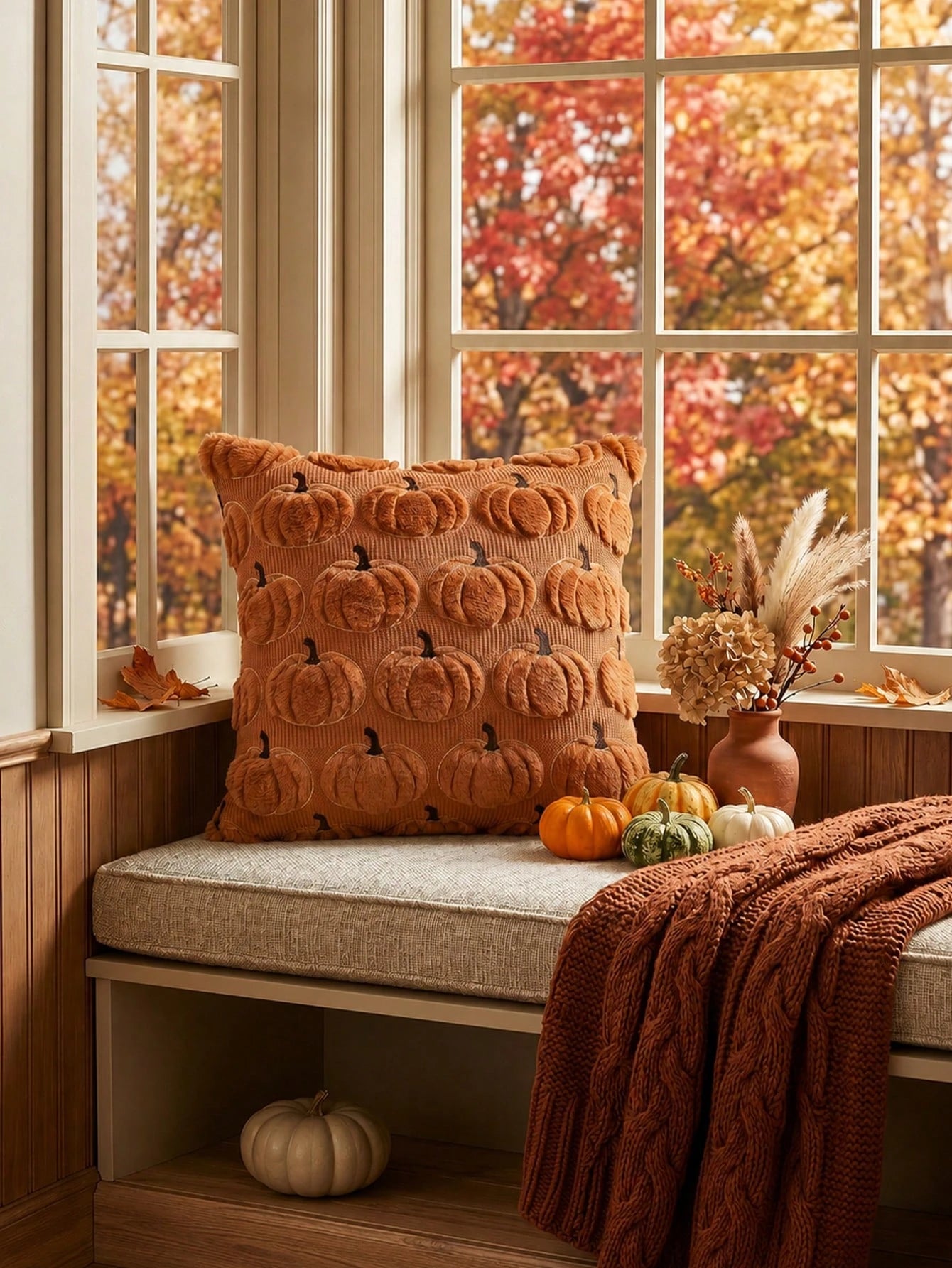 1pc Autumn Pumpkin Pattern Embroidered Decorative Pillowcase, Halloween Soft Plush Faux Wool Pillow Cover For Home Sofa Bedroom Chair