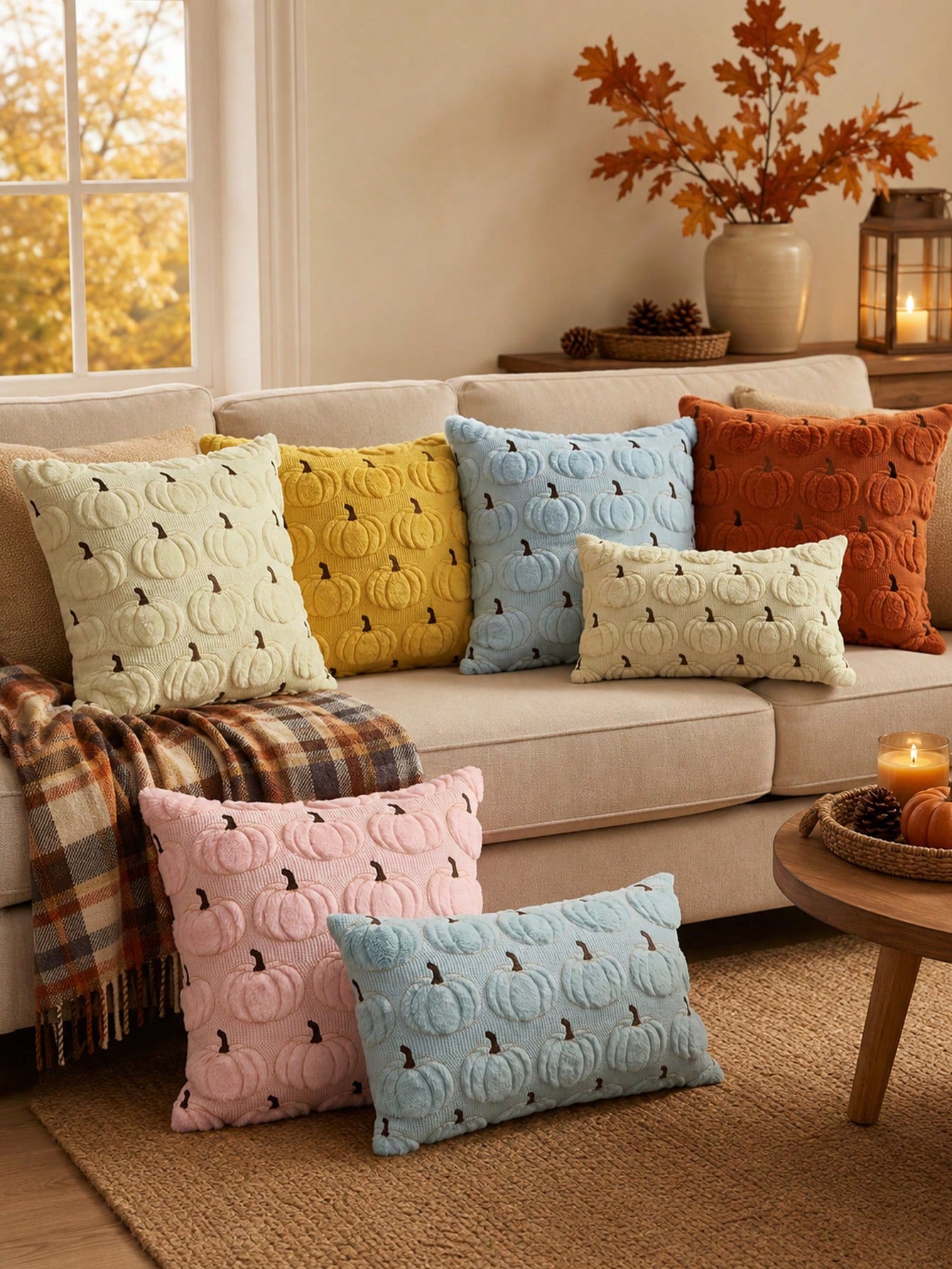 1pc Autumn Pumpkin Pattern Embroidered Decorative Pillowcase, Halloween Soft Plush Faux Wool Pillow Cover For Home Sofa Bedroom Chair