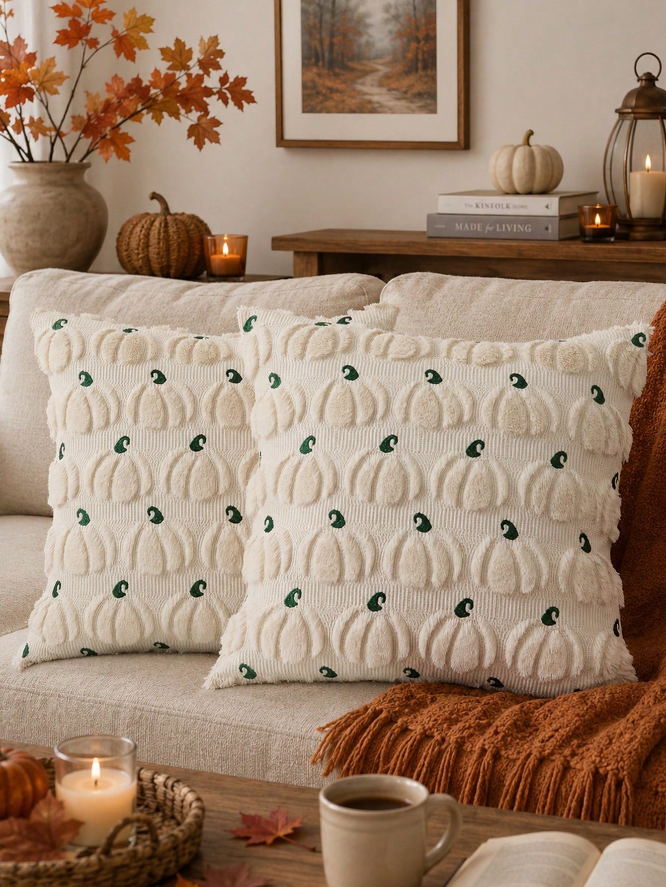 1pc Autumn Pumpkin Pattern Embroidered Decorative Pillowcase, Halloween Soft Plush Faux Wool Pillow Cover For Home Sofa Bedroom Chair