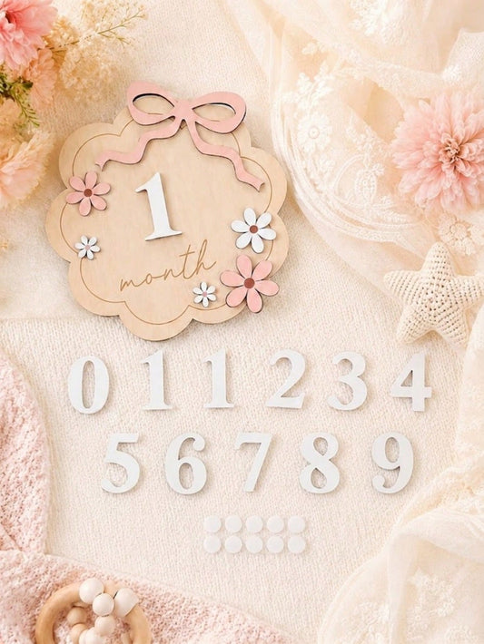 1pc Baby Monthly Milestone Wooden Sign, 1-12 Months Infant Growth Record Photo Prop, Decorated With Pink Bow And Flower