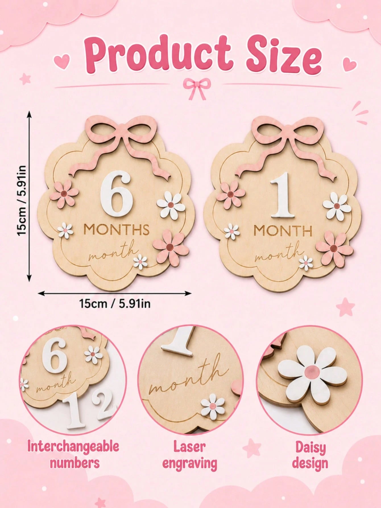 1pc Baby Monthly Milestone Wooden Sign, 1-12 Months Infant Growth Record Photo Prop, Decorated With Pink Bow And Flower