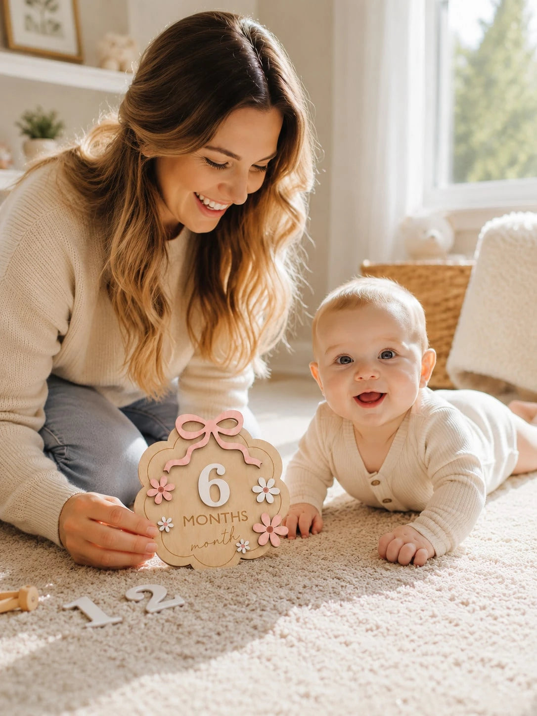 1pc Baby Monthly Milestone Wooden Sign, 1-12 Months Infant Growth Record Photo Prop, Decorated With Pink Bow And Flower