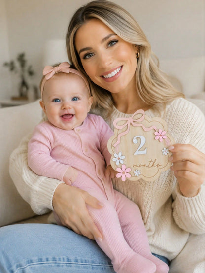1pc Baby Monthly Milestone Wooden Sign, 1-12 Months Infant Growth Record Photo Prop, Decorated With Pink Bow And Flower