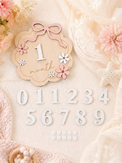 1pc Baby Monthly Milestone Wooden Sign, 1-12 Months Infant Growth Record Photo Prop, Decorated With Pink Bow And Flower