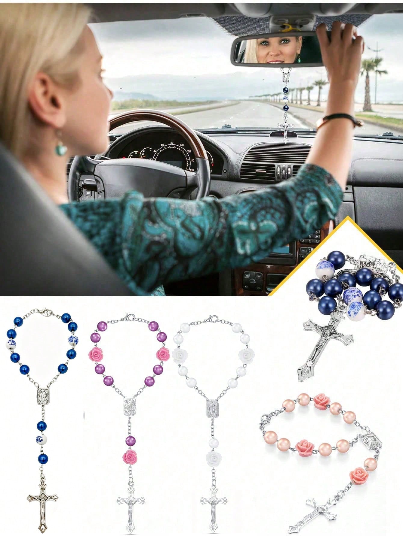 1pc Beaded Rose & Cross Shaped Rear View Mirror Hanging Accessory