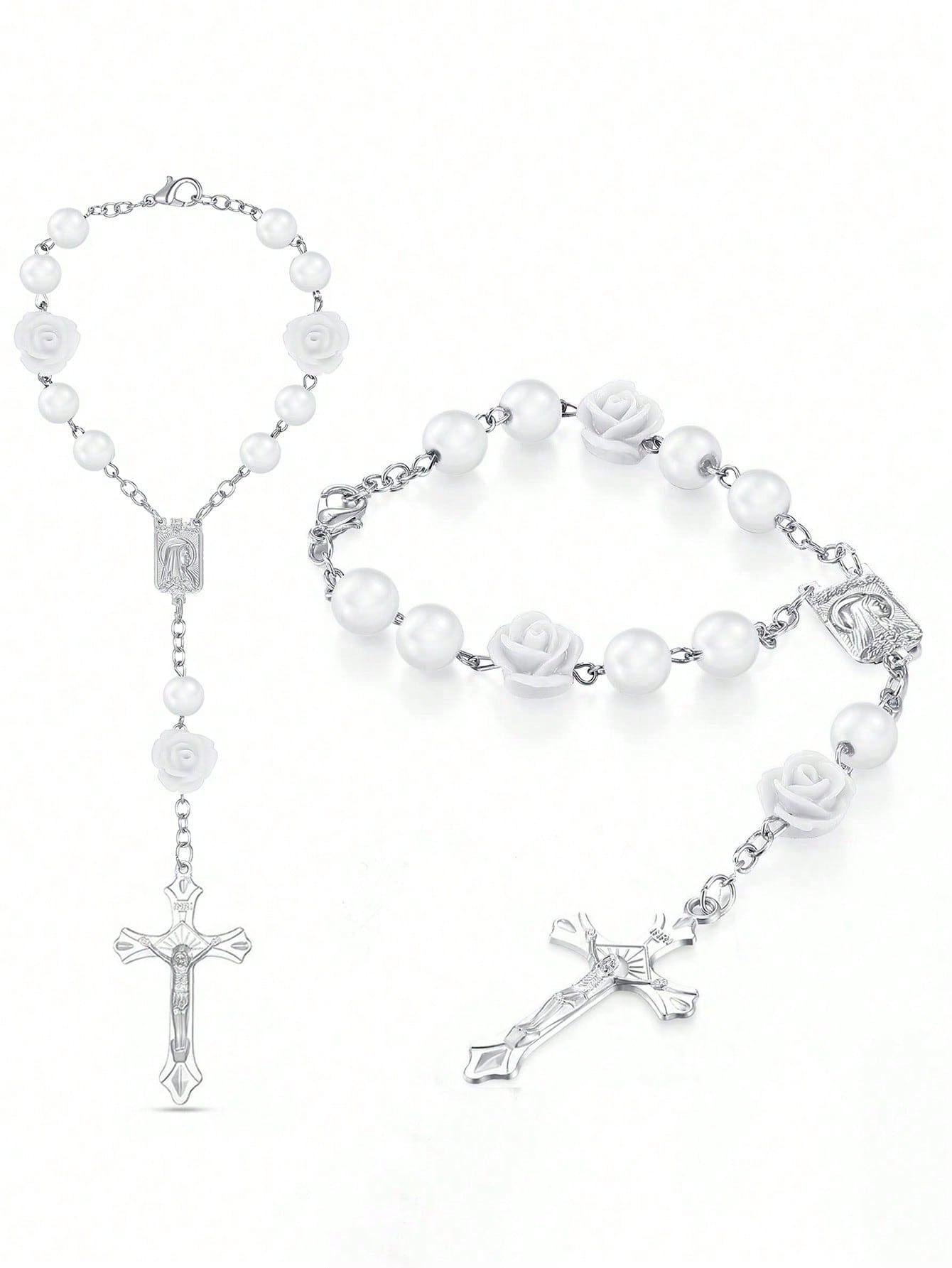 1pc Beaded Rose & Cross Shaped Rear View Mirror Hanging Accessory