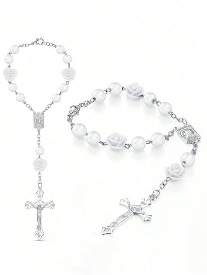 1pc Beaded Rose & Cross Shaped Rear View Mirror Hanging Accessory