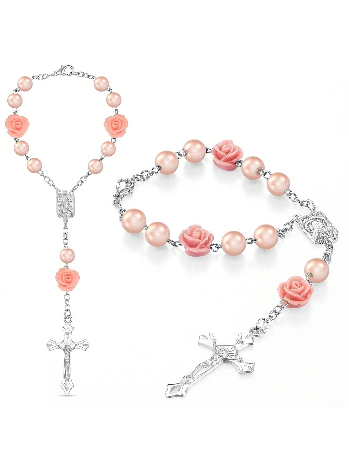 1pc Beaded Rose & Cross Shaped Rear View Mirror Hanging Accessory