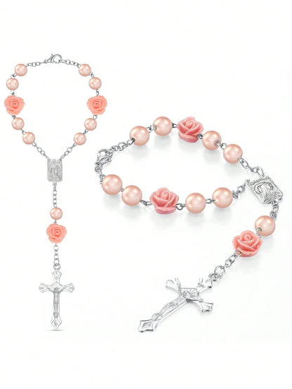 1pc Beaded Rose & Cross Shaped Rear View Mirror Hanging Accessory