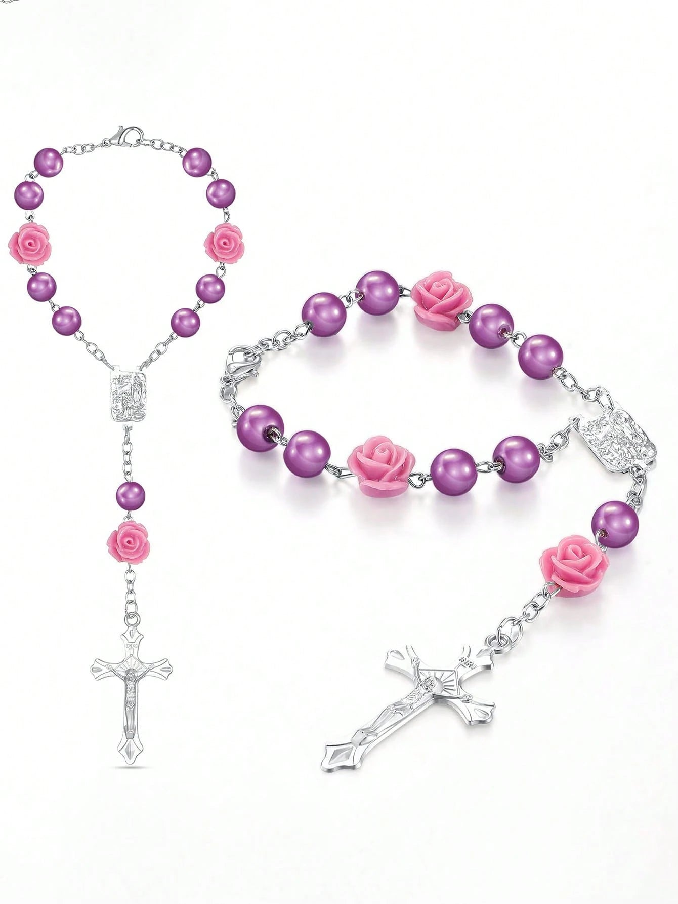 1pc Beaded Rose & Cross Shaped Rear View Mirror Hanging Accessory