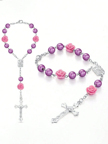 1pc Beaded Rose & Cross Shaped Rear View Mirror Hanging Accessory