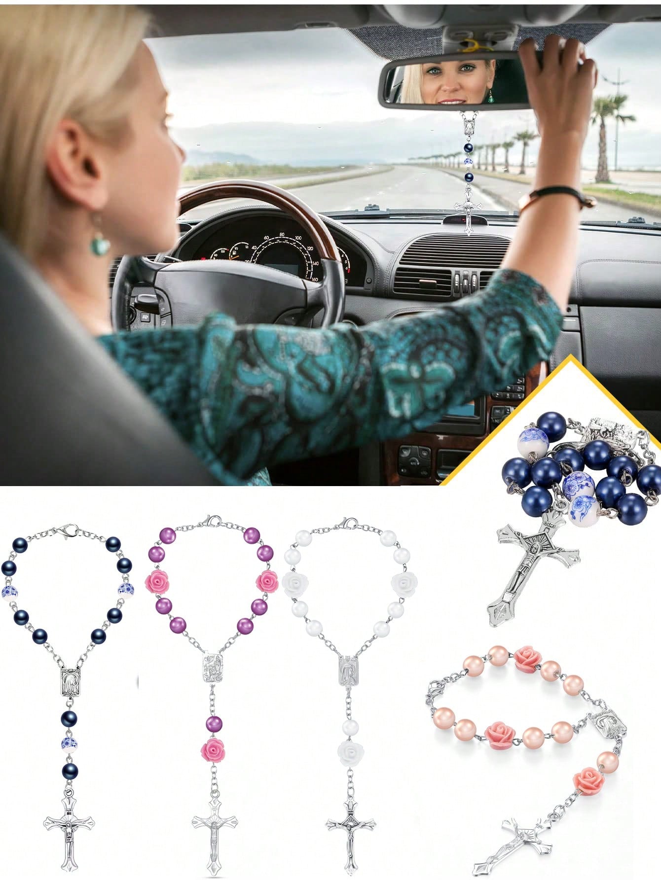 1pc Beaded Rose & Cross Shaped Rear View Mirror Hanging Accessory