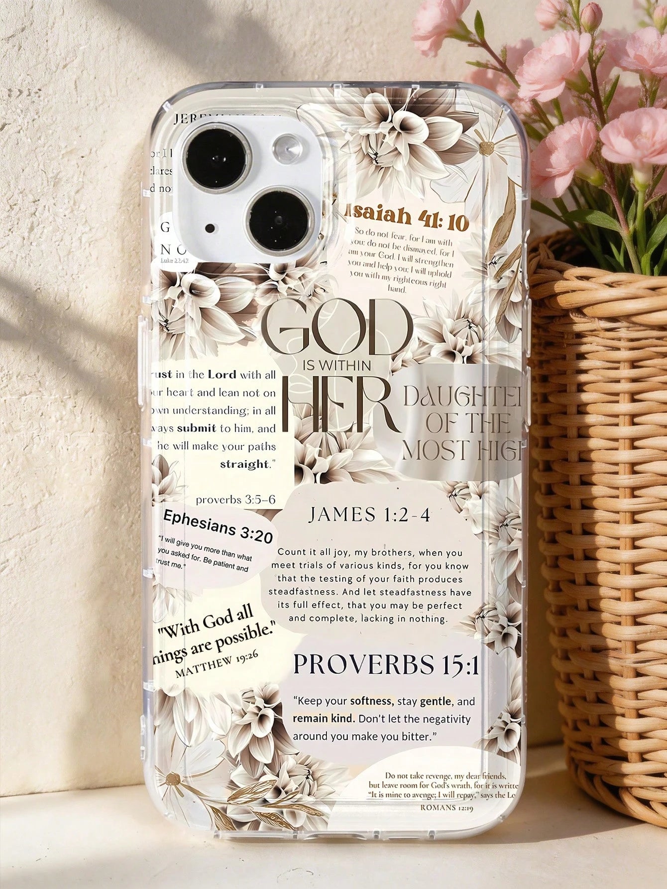 1pc Bible Floral Graphic & Slogan Soft Phone Case, Full Coverage Leather Texture, Compatible With IPhone 11/12/13/14/15/16/17 Pro Max