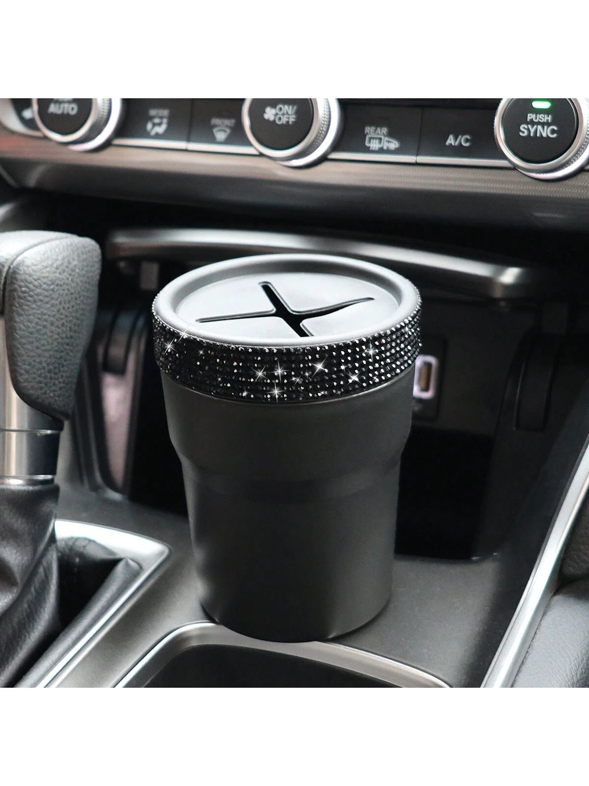 1pc Black Coin Storage Box, Creative Fashion Design, Mini Storage Jar, Inlaid With Rhinestones, Suitable For Car Cup Holder, Portable Car Coin Collection Bucket, Gift