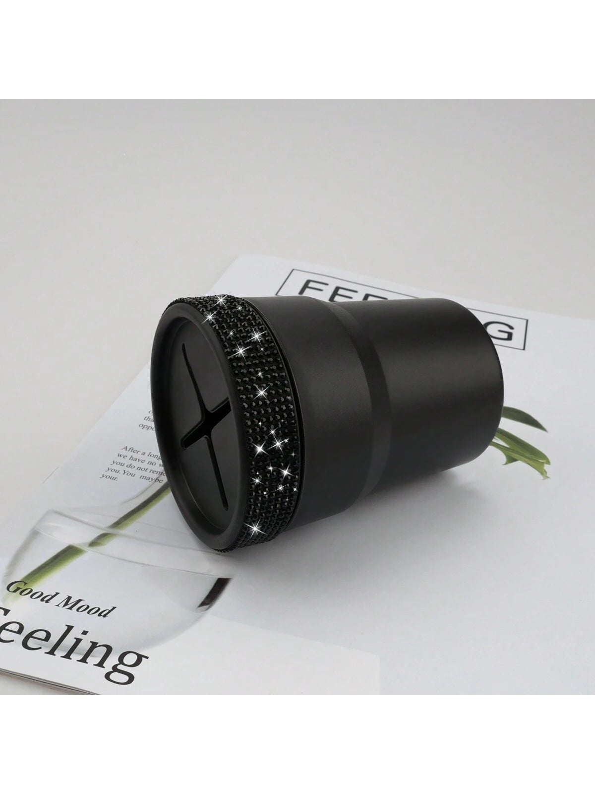 1pc Black Coin Storage Box, Creative Fashion Design, Mini Storage Jar, Inlaid With Rhinestones, Suitable For Car Cup Holder, Portable Car Coin Collection Bucket, Gift