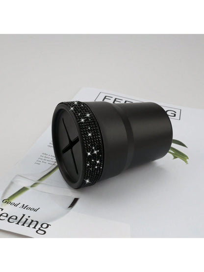 1pc Black Coin Storage Box, Creative Fashion Design, Mini Storage Jar, Inlaid With Rhinestones, Suitable For Car Cup Holder, Portable Car Coin Collection Bucket, Gift