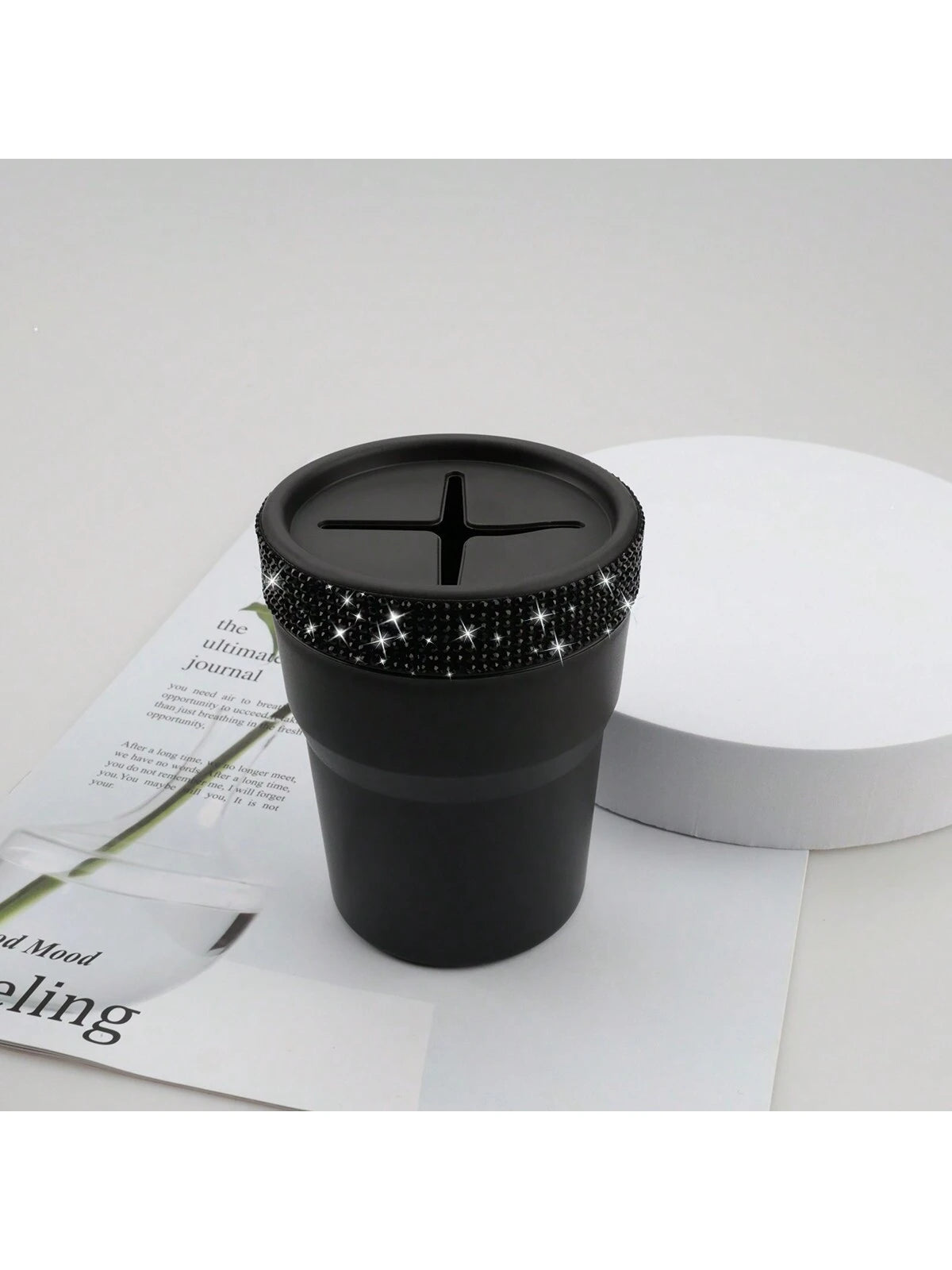 1pc Black Coin Storage Box, Creative Fashion Design, Mini Storage Jar, Inlaid With Rhinestones, Suitable For Car Cup Holder, Portable Car Coin Collection Bucket, Gift