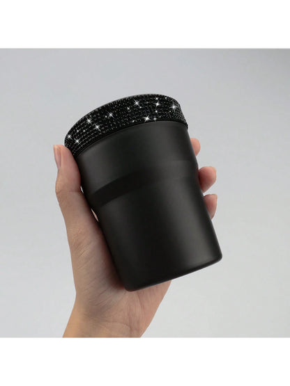 1pc Black Coin Storage Box, Creative Fashion Design, Mini Storage Jar, Inlaid With Rhinestones, Suitable For Car Cup Holder, Portable Car Coin Collection Bucket, Gift