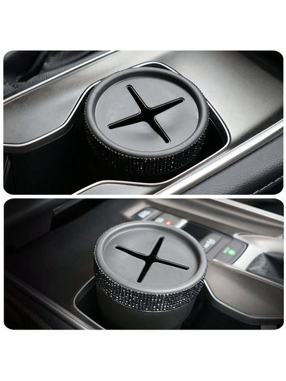 1pc Black Coin Storage Box, Creative Fashion Design, Mini Storage Jar, Inlaid With Rhinestones, Suitable For Car Cup Holder, Portable Car Coin Collection Bucket, Gift