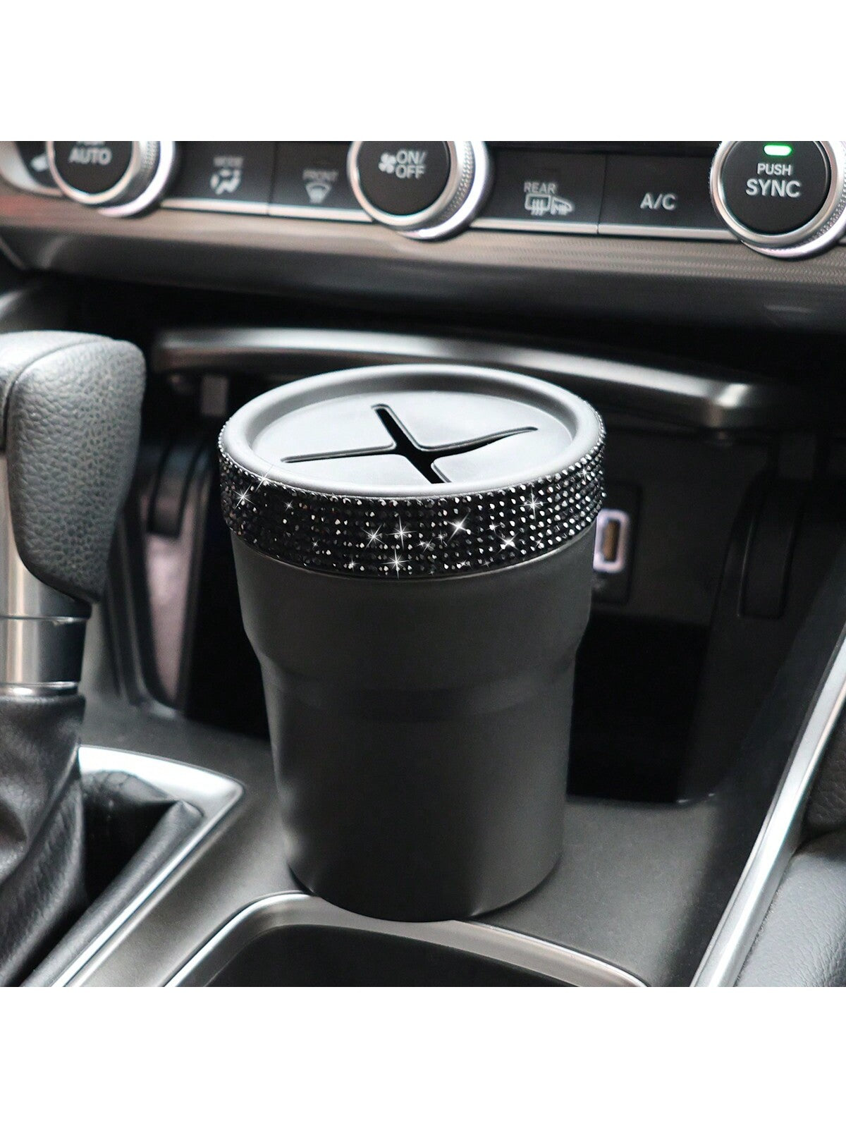 1pc Black Coin Storage Box, Creative Fashion Design, Mini Storage Jar, Inlaid With Rhinestones, Suitable For Car Cup Holder, Portable Car Coin Collection Bucket, Gift