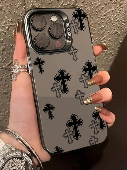 1pc Black Cross Pattern Full Coverage TPU Shockproof Phone Case Compatible With IPhone 17, 16, 15, 14, 13, 12, 11 Pro Max,International Version, Not The Domestic Version
