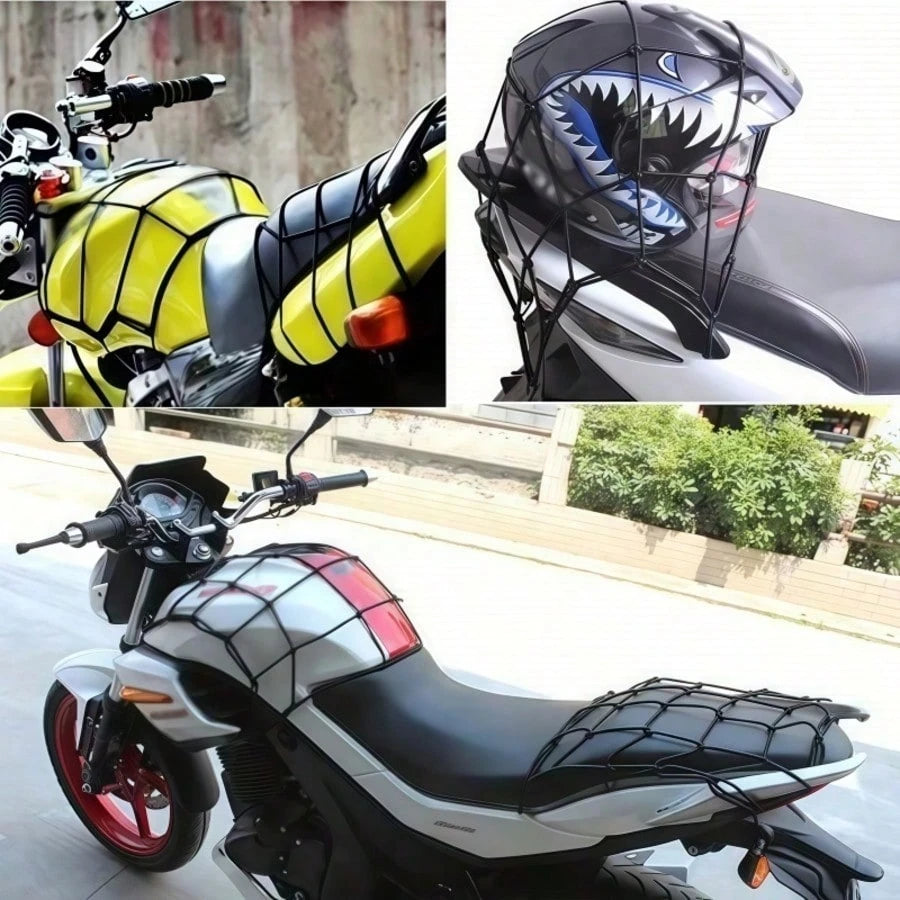 1pc Black Motorcycle Elastic Storage Net, Helmet & Luggage Fixing Net, Tail Box Elastic Tie Strap, Tail Rack Modification Net Rope Accessory, Fixes Helmet/ Luggage, Universal For Tail Box & Tail Rack