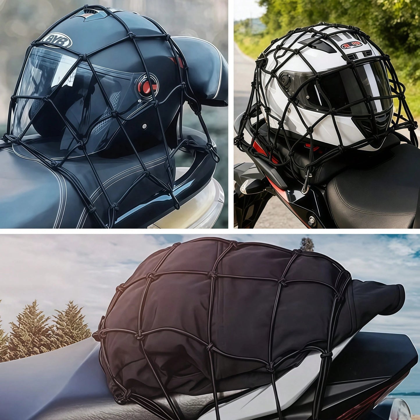 1pc Black Motorcycle Elastic Storage Net, Helmet & Luggage Fixing Net, Tail Box Elastic Tie Strap, Tail Rack Modification Net Rope Accessory, Fixes Helmet/ Luggage, Universal For Tail Box & Tail Rack