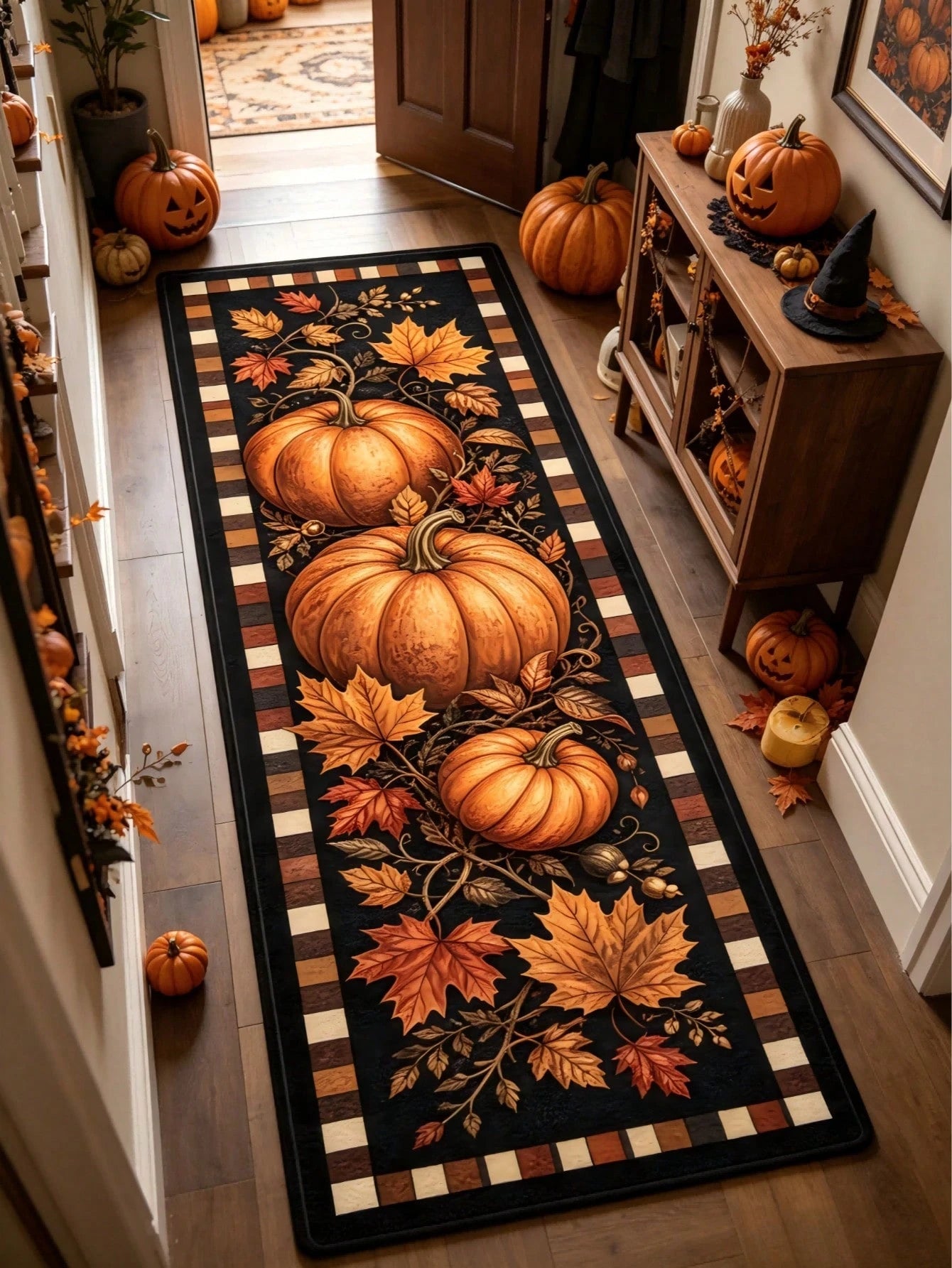 1pc Black Pumpkin Runner Rug, Hallway Carpet, Area Rug, Home Decor, Living Room Carpet, Room Decoration, Washable Rug, Halloween Gift