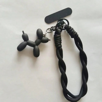 1pc Black Puppy Plush Phone Lanyard, Nylon Short Wrist Phone Strap, 6mm Solid Color Braided Dirt-Resistant Cord, Handheld Key Chain