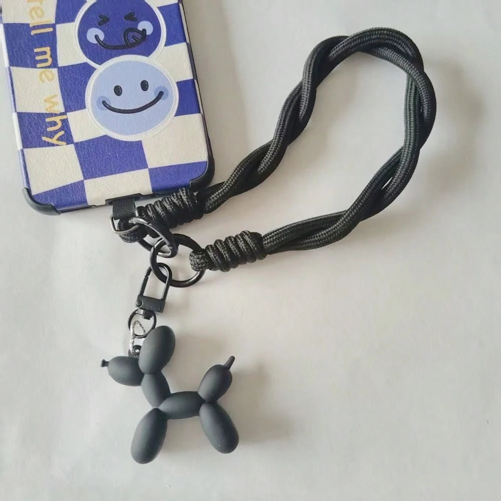 1pc Black Puppy Plush Phone Lanyard, Nylon Short Wrist Phone Strap, 6mm Solid Color Braided Dirt-Resistant Cord, Handheld Key Chain