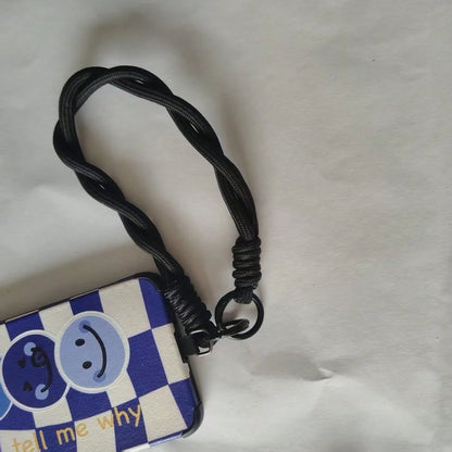 1pc Black Puppy Plush Phone Lanyard, Nylon Short Wrist Phone Strap, 6mm Solid Color Braided Dirt-Resistant Cord, Handheld Key Chain