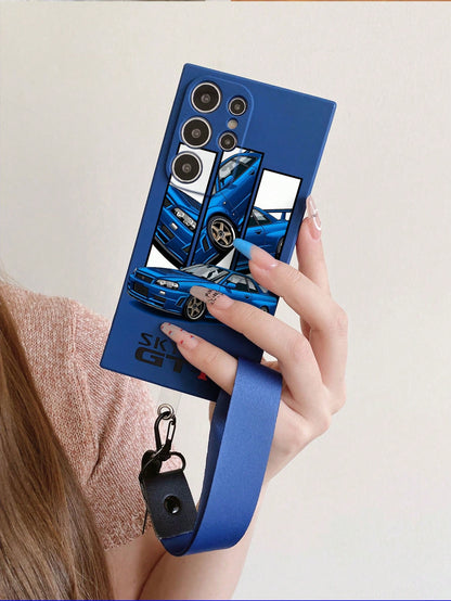 1pc Blue TPU Blue War God GTR R34 Pattern Full Coverage Anti-Drop Phone Case And 1pc Blue Mine Buckle Wrist Strap, Full Coverage Dustproof Waterproof Soft Shell Suitable For Versatile Phone Case/Lanya