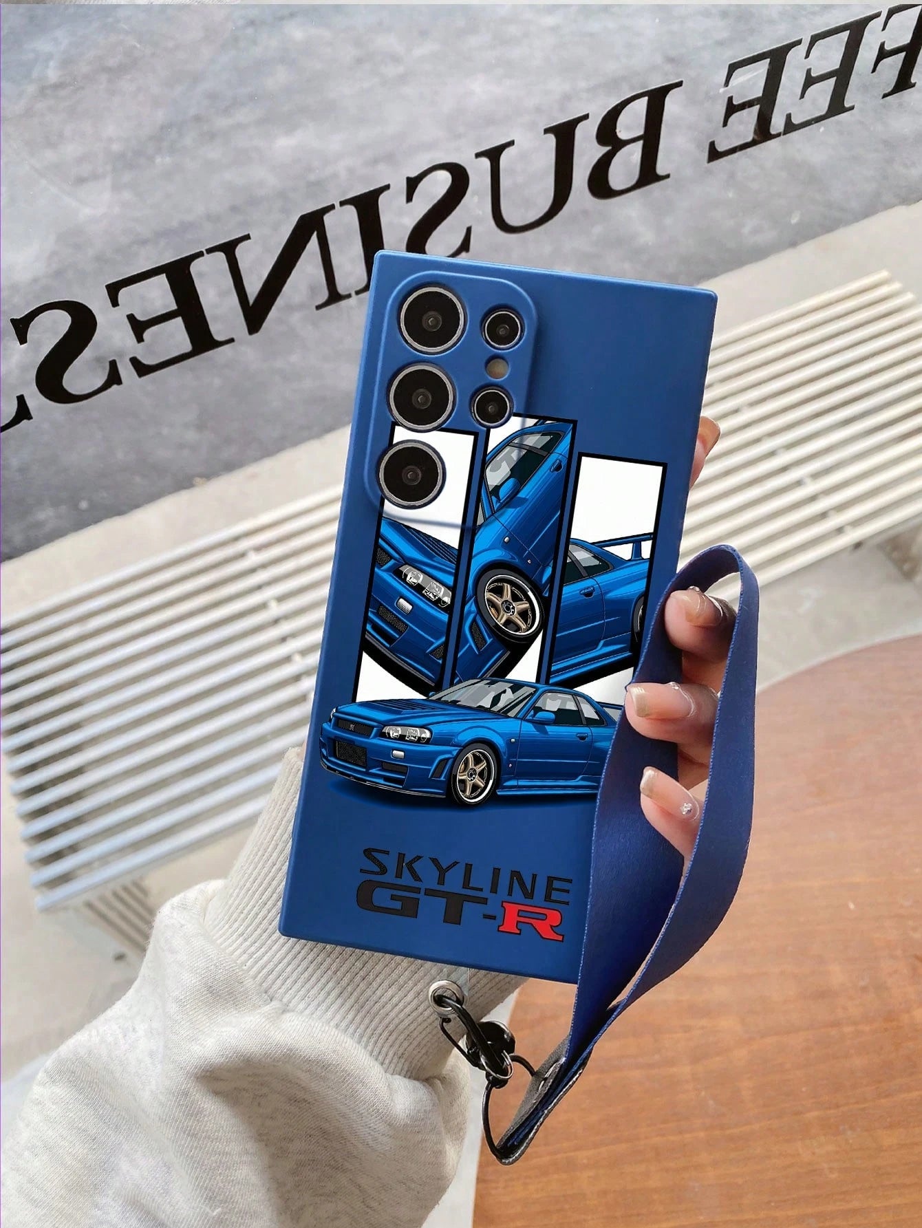 1pc Blue TPU Blue War God GTR R34 Pattern Full Coverage Anti-Drop Phone Case And 1pc Blue Mine Buckle Wrist Strap, Full Coverage Dustproof Waterproof Soft Shell Suitable For Versatile Phone Case/Lanya