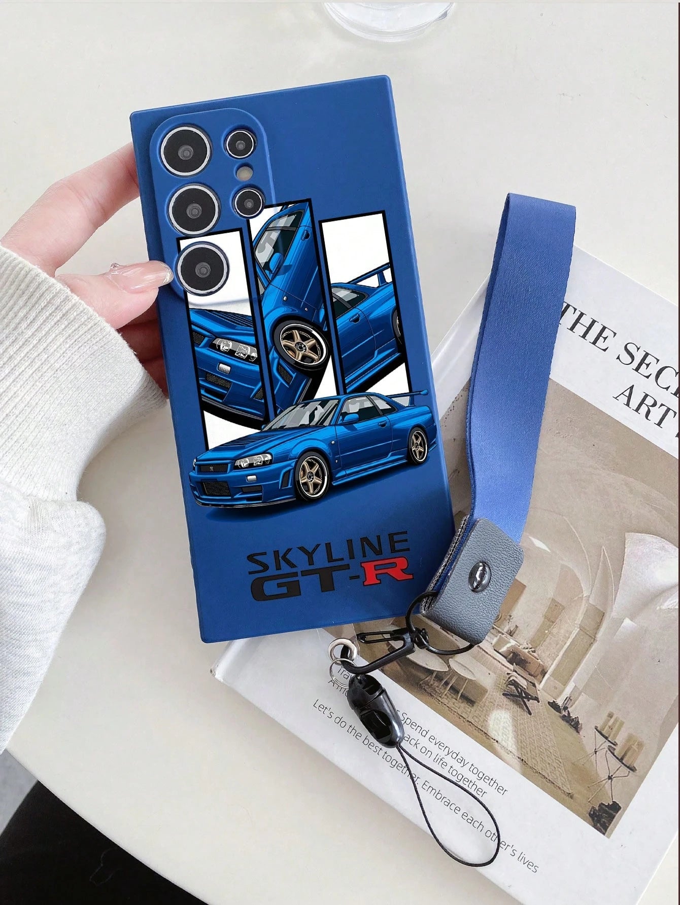 1pc Blue TPU Blue War God GTR R34 Pattern Full Coverage Anti-Drop Phone Case And 1pc Blue Mine Buckle Wrist Strap, Full Coverage Dustproof Waterproof Soft Shell Suitable For Versatile Phone Case/Lanya