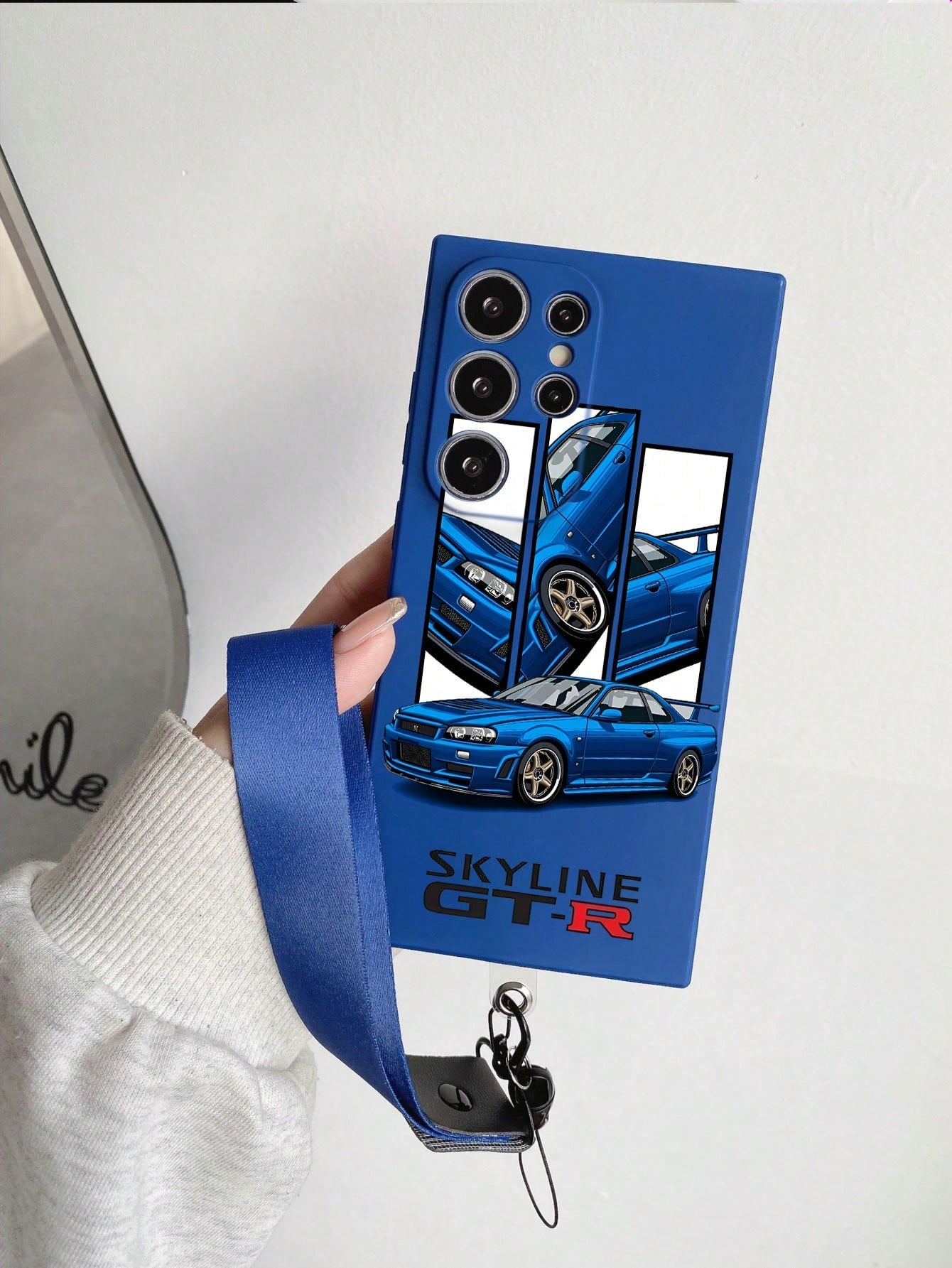 1pc Blue TPU Blue War God GTR R34 Pattern Full Coverage Anti-Drop Phone Case And 1pc Blue Mine Buckle Wrist Strap, Full Coverage Dustproof Waterproof Soft Shell Suitable For Versatile Phone Case/Lanya