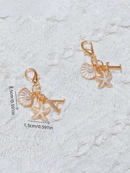 1pc Bohemian Style Gold Letter Keychain With Shell And Starfish Decoration, A-Z Letter Options, Suitable For Holiday And Beach Themes