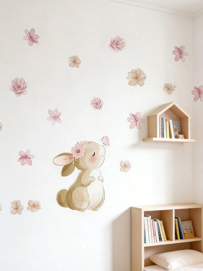 1pc Bohemian Style Rabbit, Butterfly & Floral Self-Adhesive Wall Decal, Suitable For Nursery, Living Room & Bedroom Decor